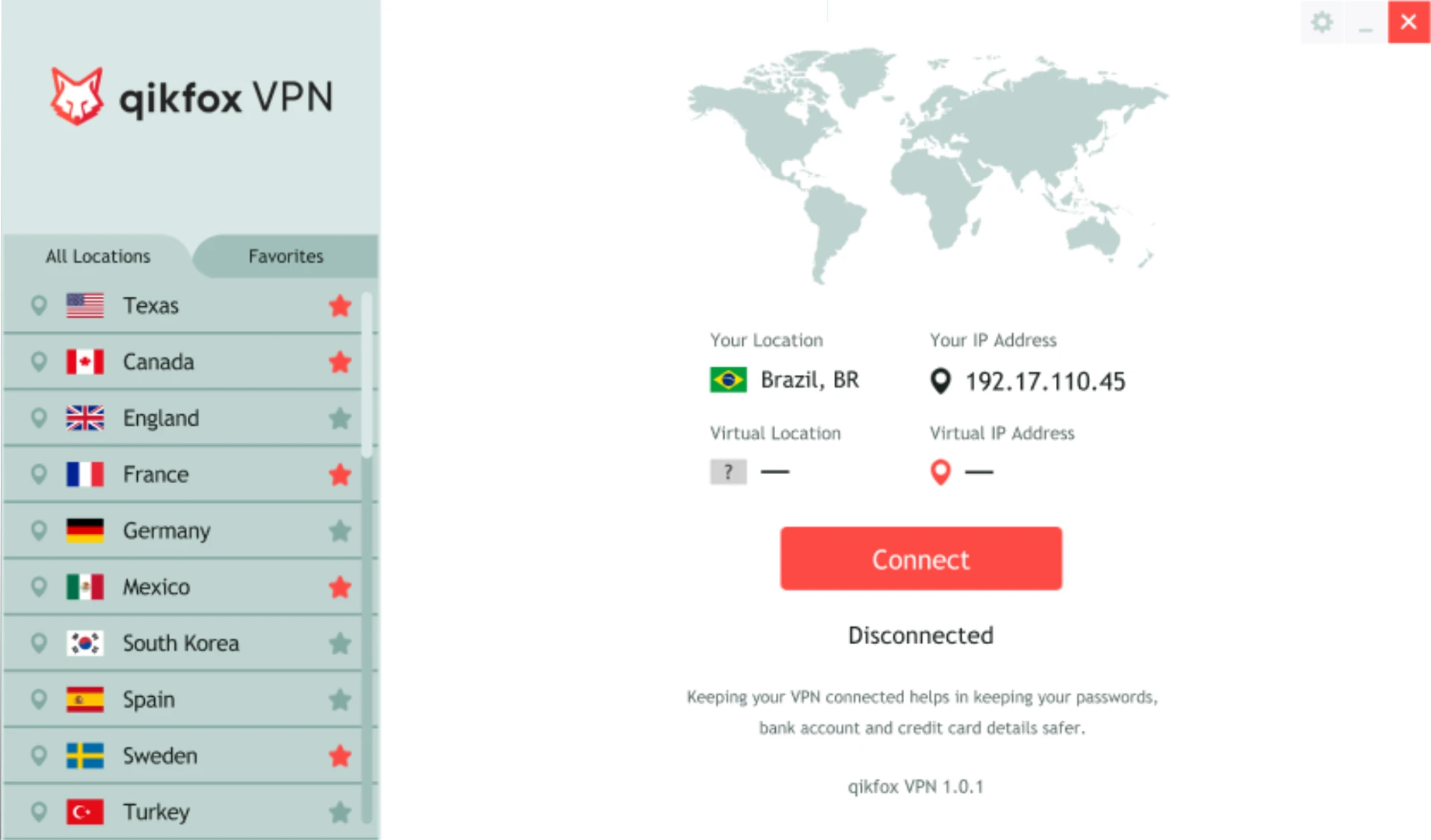 qikfox VPN app showing a connected session and a server location list