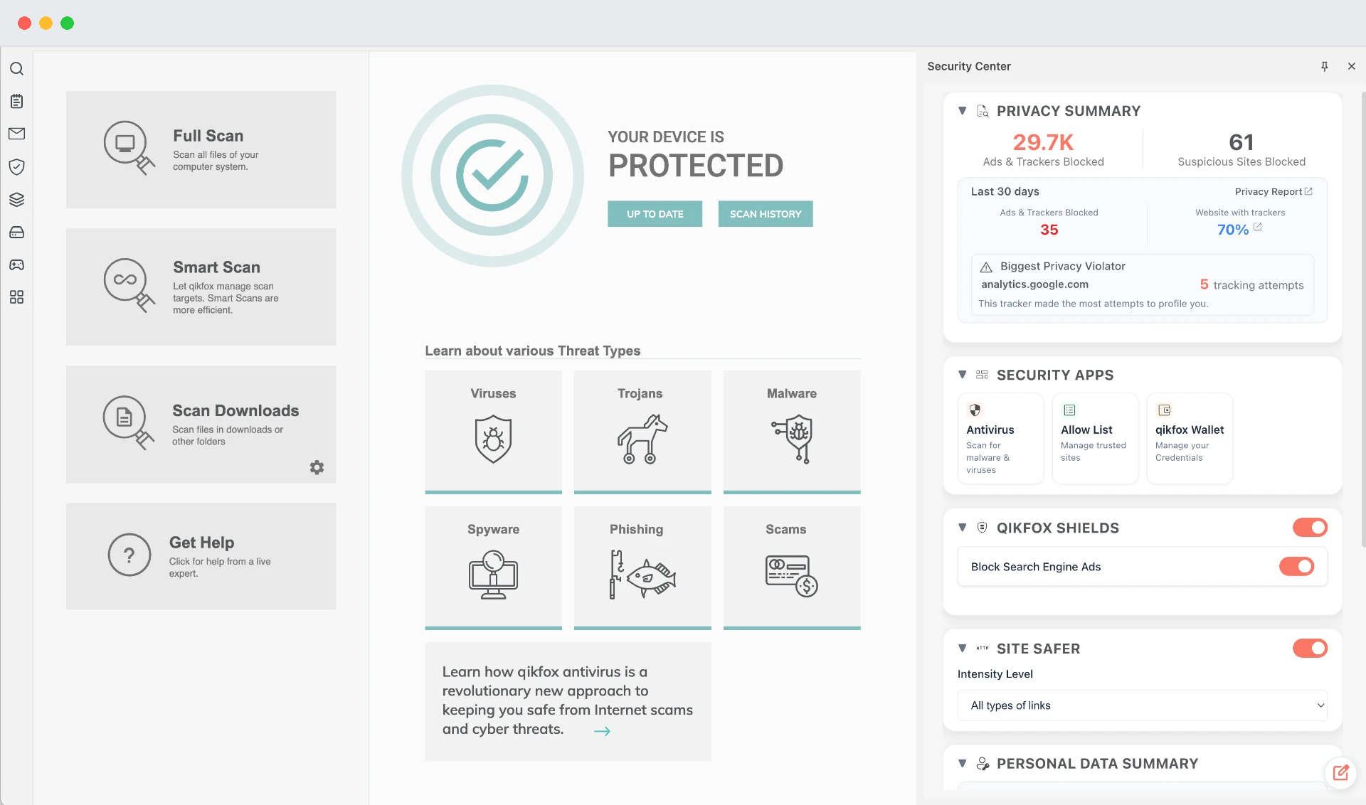 qikfox Antivirus security center showing device protected status, scan options and a privacy summary